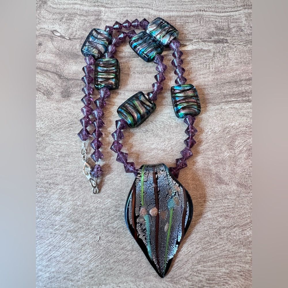 Art Glass Beaded & Blown Glass Pendant Necklace Artisan Jewelry Purple Unique